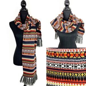 Fair Isle Knit Winter Scarf Retro 70s Color Palette Long Fringe Cozy Boho Unisex
